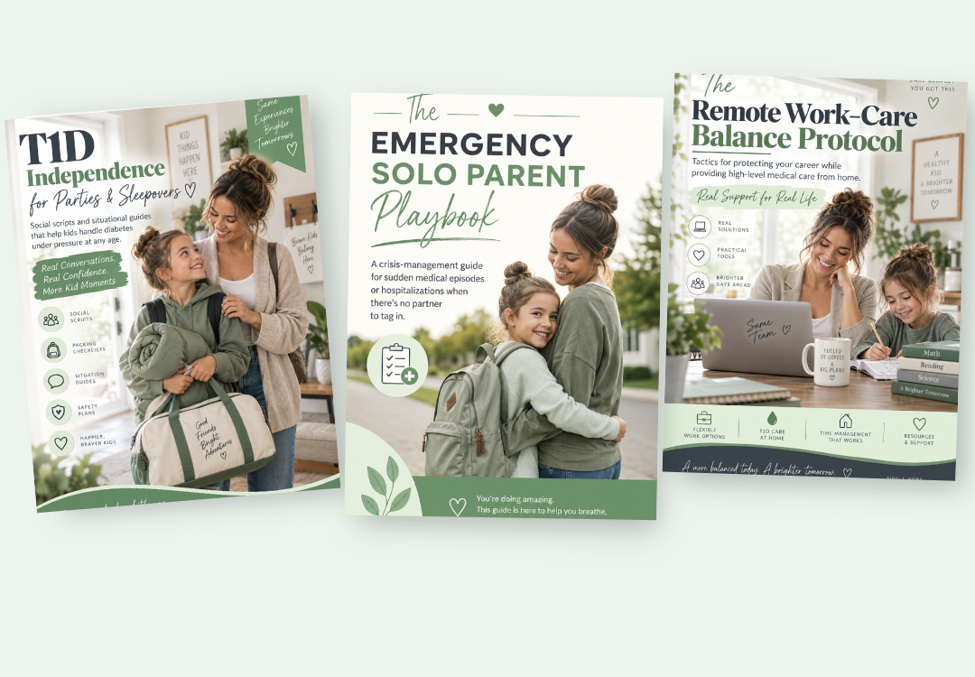 Covers of the three bundle guides: T1D Independence for Parties & Sleepovers, The Remote Work–Care Balance Protocol, and The Emergency Solo Parent Playbook