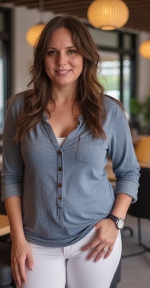 Portrait of author Jennifer Lynn smiling in a blue henley shirt