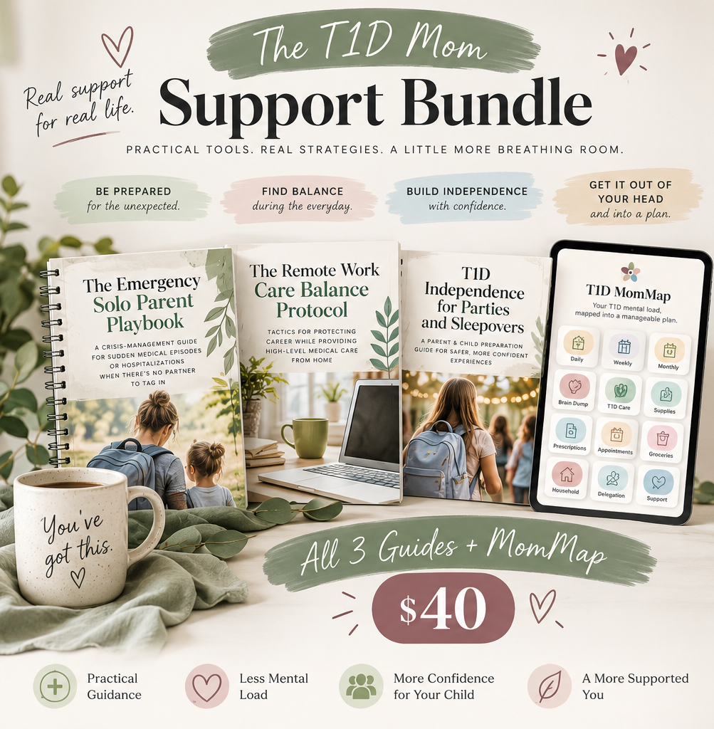 The T1D Mom Support Bundle: all three guides plus MomMap for $40, with guide mockups and a tablet arranged beside a mug and sage greenery.